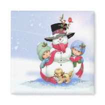 Snowman on christmas scene magnets