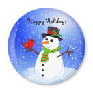 round_magnet - Cute snowman snowglobe Christmas holiday magnet.  Greeting can be customized, or personalized with names to create unique and memorable holiday party favors.  Matching cards, postage, and gifts available.