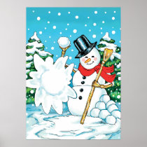 Snowman Throwing a Snowball Winter Fun Splat! Print