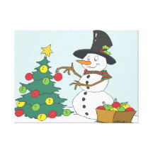 Snowman Trimming Tree Gallery Wrapped Canvas