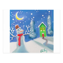 Snowman winter scene folk art painting postcards