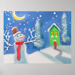 Snowman winter scene folk art painting print