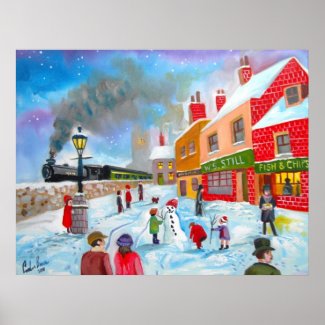 Snowman winter scene folk art painting train poster