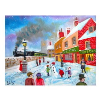 Snowman winter scene folk art painting train poster