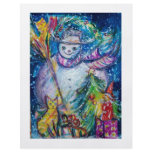 SNOWMAN WITH TOYS, white blue yellow flyers