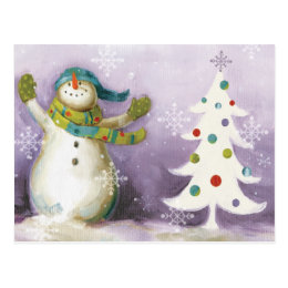 Snowman with Winter Mittens and Christmas Trees Postcard