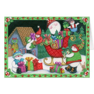 Snowmen Loading The Sleigh Christmas Card