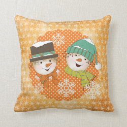 Snowmen Orange Dots and Snowflakes Holiday Pillow