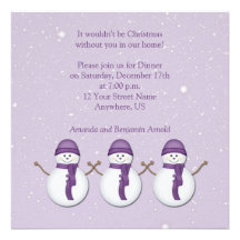Snowmen with Purple Hats Scarves Christmas Invitat Personalized Invitation