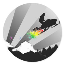 snowmobile. powder trail. round sticker
