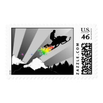 snowmobile. rainbow. postage stamp