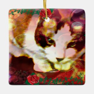 snowshoe kitty in the red roses square ornament
