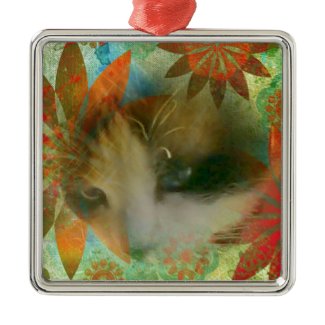 snowshoe sixties flower child kitty square metal christmas ornament