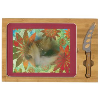 snowshoe sixties flower child kitty rectangular cheese board