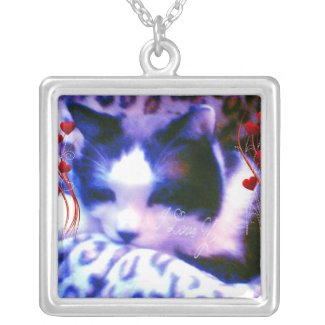 snowshoe Valentines I love you Kitty Square Pendant Necklace