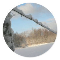 Snowy Barbwire Fence Round Stickers