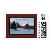 Snowy Barn Happy Holidays Postage Stamp