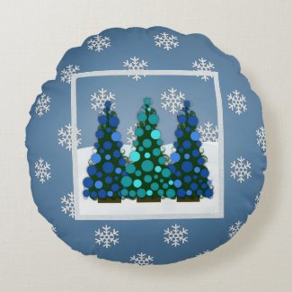 Snowy Blue Christmas Tree Round Pillow