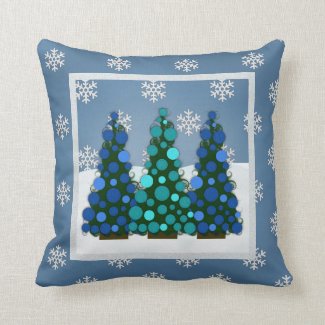 Snowy Blue Christmas Tree Throw Pillow