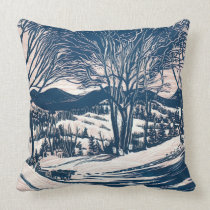 Snowy Christmas Landscape, Trees and Mountains Throw Pillow