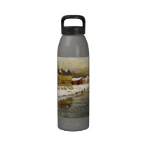 Snowy Cottage by a Canal Drinking Bottle