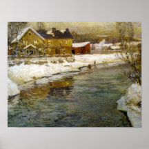 Snowy Cottage by a Canal Poster