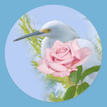 Snowy Egret and Pink Rose Sticker stickers