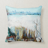 Snowy Landscape with Arles in the Background Throw Pillow