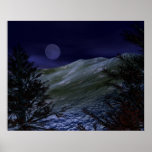 Snowy Mountain Moon Rise and Pine Trees Poster