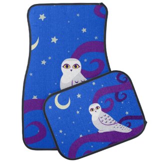 Snowy Owl Crescent Moon Night Forest Art Floor Mat