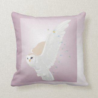 Snowy Owl in Flight on Lavender Background Throw Pillows