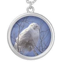 Snowy Owl - White Bird against a Sapphire Blue Sky Necklaces