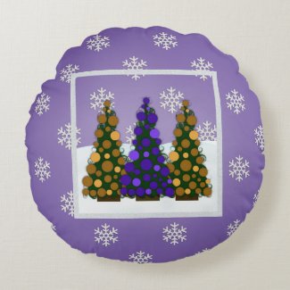 Snowy Purple And Gold Christmas Tree Round Pillow