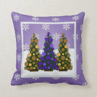 Snowy Purple And Gold Christmas Tree Throw Pillow