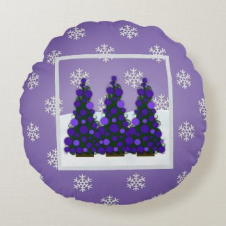 Snowy Purple Christmas Tree Round Pillow
