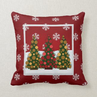 Snowy Red And Gold Christmas Tree Throw Pillow