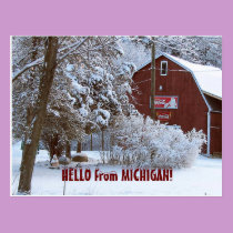 SNOWY RED BARN, HELLO from MICHIGAN! postcards