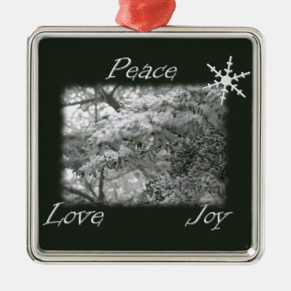 Snowy Spruce Tree / Peace Love Joy Square Metal Christmas Ornament