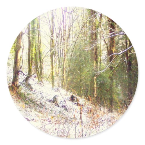 Snowy Sunlit Forest Glade #2 sticker