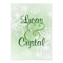 Snowy Winter Flourish Green Wedding Invitation