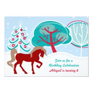 Snowy Winter Holiday Horse Girls Birthday Party 5x7 Paper Invitation Card