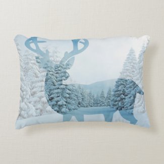 Snowy Winter Woods & Deer Illustration Accent Pillow