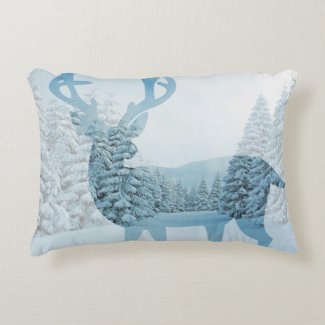 Snowy Winter Woods & Deer Illustration Accent Pillow