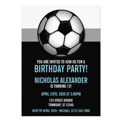 Soccer Ball Blue & Black Birthday Invitations (front side)