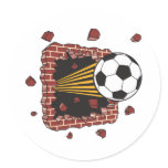 soccer ball breaking through bricks round sticker