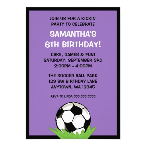 Soccer Ball Girl Purple Birthday Party Announcements