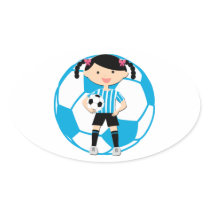 Soccer Girl 2 and Ball Blue and White Stripes Oval Stickers