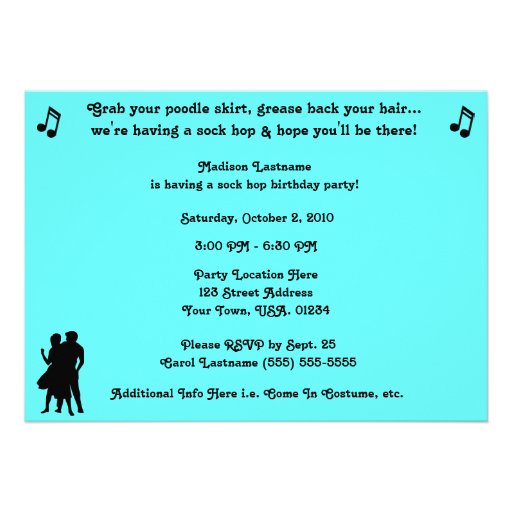 Sock Hop Fifties Dance Theme Party Invitations