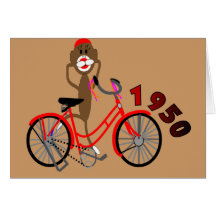 Sock Monkey % 1950's Bicycle Drawing--Unique Greeting Card