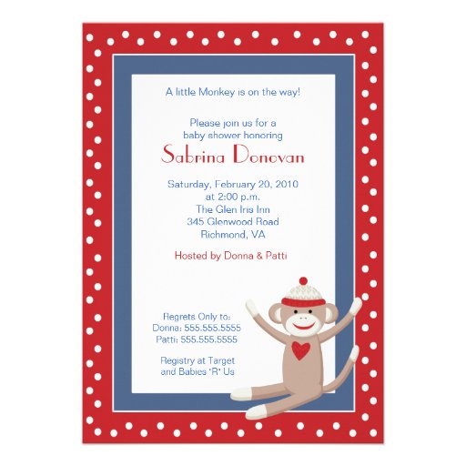 Sock Monkey 5x7 Baby Shower Invitation (Red/Denim)